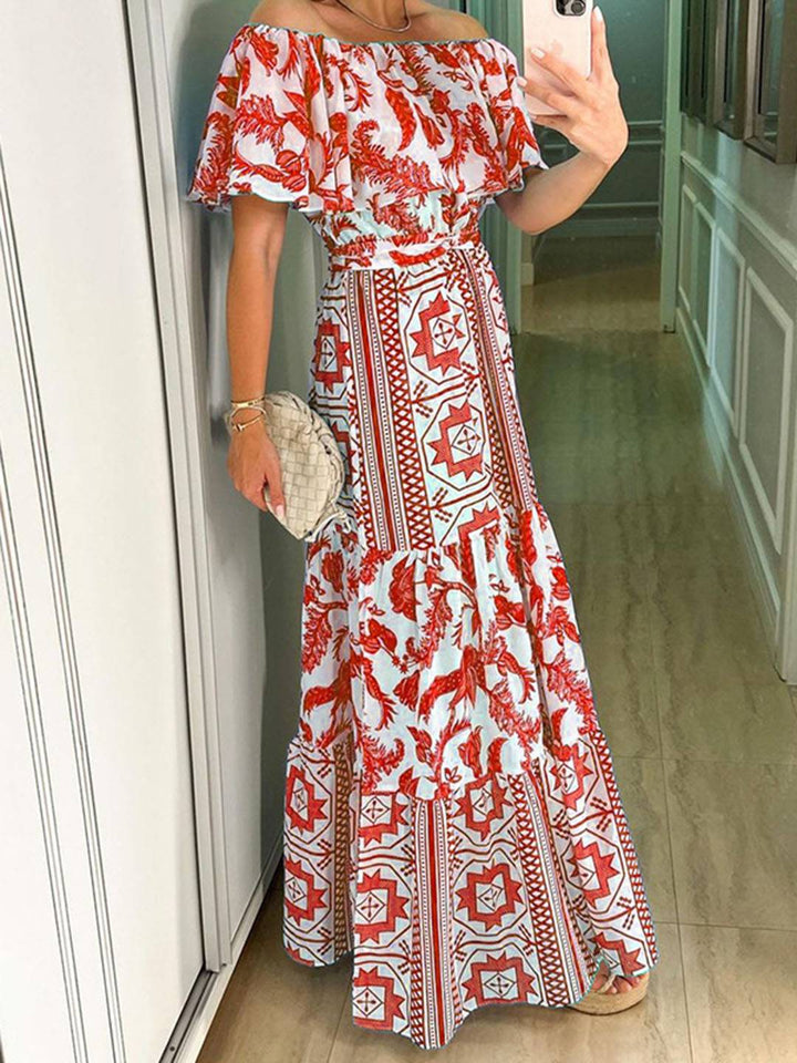 Andrea Sukienka Maxi Damska – Plażowa Sukienka Boho z Dekoltem Łódką i Geometrycznym Wzorem