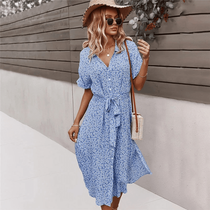 Calla Sukienka Midi Looksy – Pasek do Zawiązania i Lekki Kwiatowy Wzór na Lato
