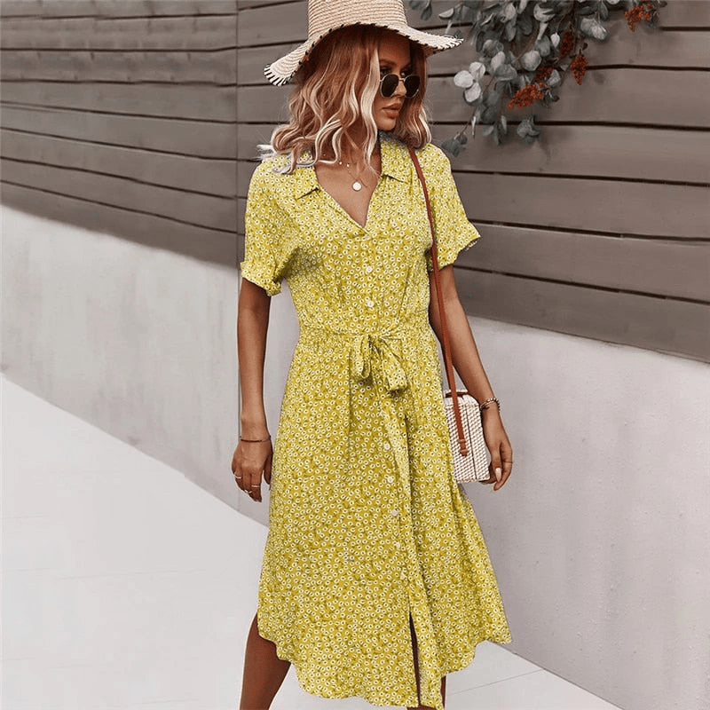 Calla Sukienka Midi Looksy – Pasek do Zawiązania i Lekki Kwiatowy Wzór na Lato