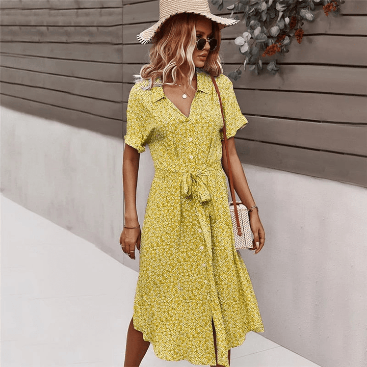 Calla Sukienka Midi Looksy – Pasek do Zawiązania i Lekki Kwiatowy Wzór na Lato