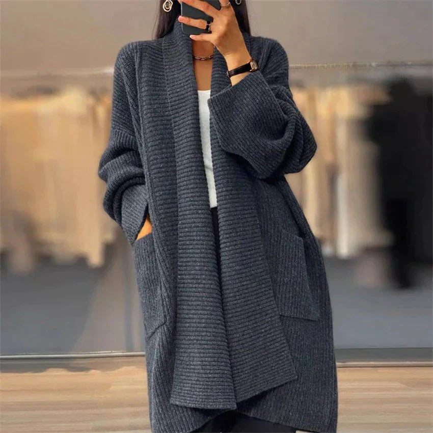 Lea Damski Oversize Kardigan – Gruby Kardigan z Wzorem w Linie i Praktycznymi Kieszeniami