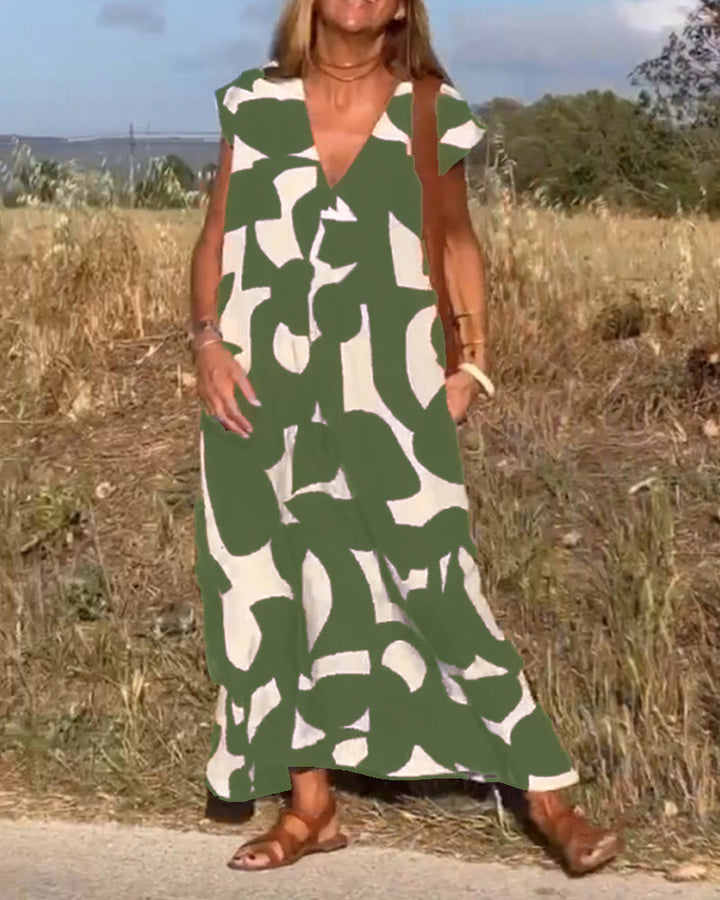 Maxine Damska Sukienka Maxi – Zwiewna Letnia Sukienka z Dekoltem w Serek, Nadrukiem i Fasonem w Kształcie Litery A