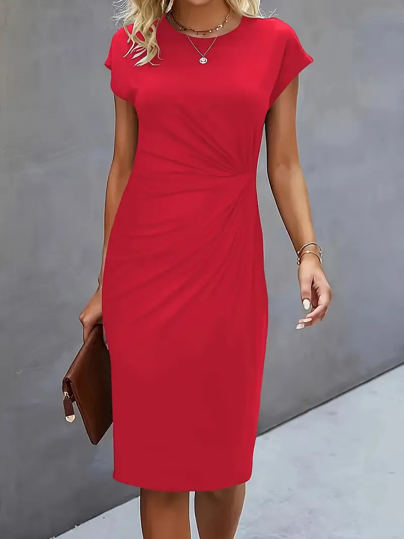 Amyrose Sukienka Midi Damska – Elegancka Dopasowana Sukienka z Okrągłym Dekoltem na Biuro lub Wieczór