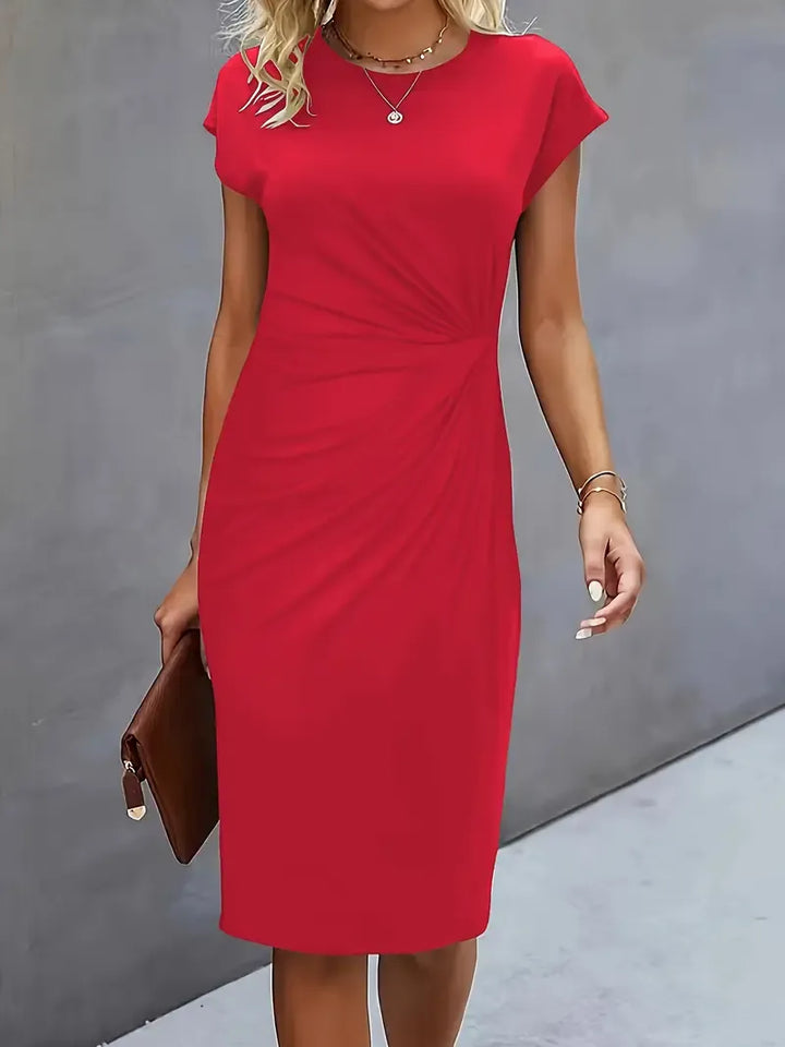 Amyrose Sukienka Midi Damska – Elegancka Dopasowana Sukienka z Okrągłym Dekoltem na Biuro lub Wieczór
