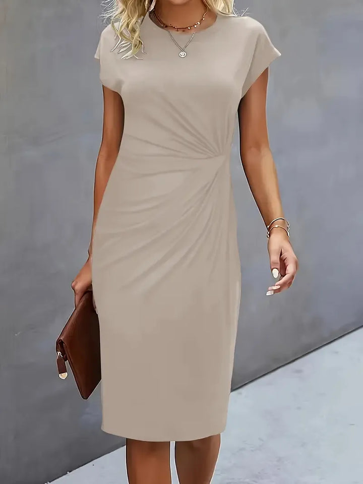 Amyrose Sukienka Midi Damska – Elegancka Dopasowana Sukienka z Okrągłym Dekoltem na Biuro lub Wieczór