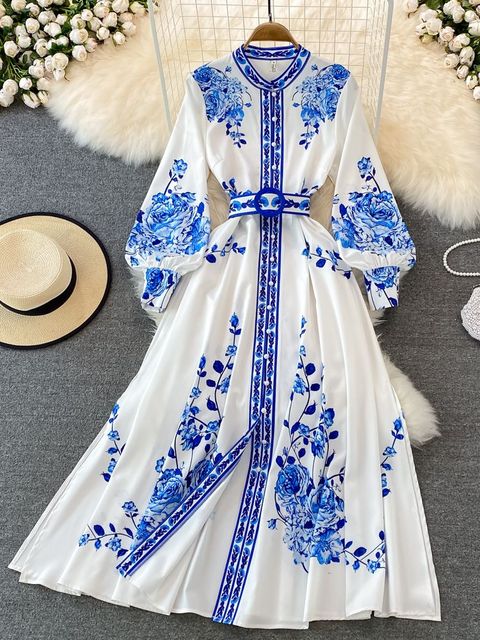 Alina Długa Sukienka Damska – Vintage Sukienka w Kwiaty z Eleganckimi Rękawami w Stylu Latarenki