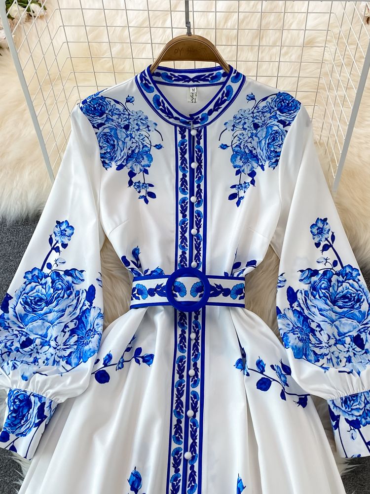 Alina Długa Sukienka Damska – Vintage Sukienka w Kwiaty z Eleganckimi Rękawami w Stylu Latarenki