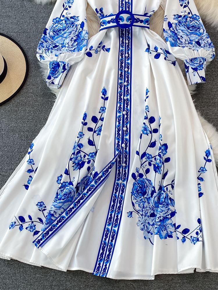 Alina Długa Sukienka Damska – Vintage Sukienka w Kwiaty z Eleganckimi Rękawami w Stylu Latarenki