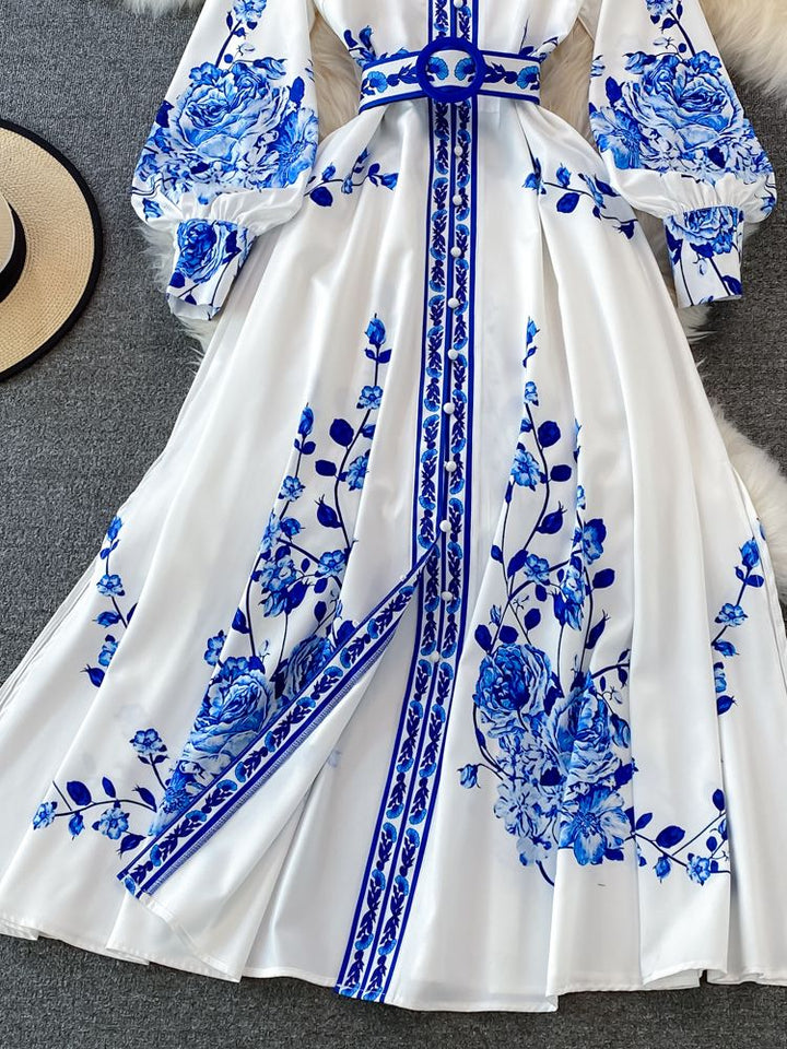 Alina Długa Sukienka Damska – Vintage Sukienka w Kwiaty z Eleganckimi Rękawami w Stylu Latarenki