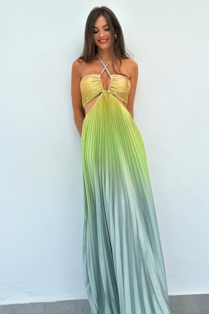 Genoveffa Sukienka Maxi Plisowana – Elegancja z Dekoltem Halter i Wyszukany Styl na Okazje Specjalne