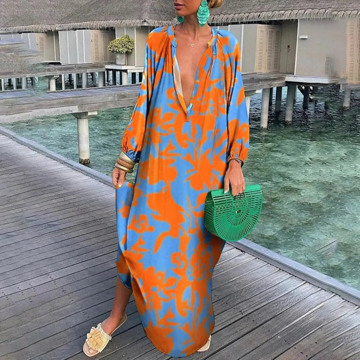 Ginepra Sukienka Oversize Boho – Relaksujący Styl z Dekoltem w Serek na Lato