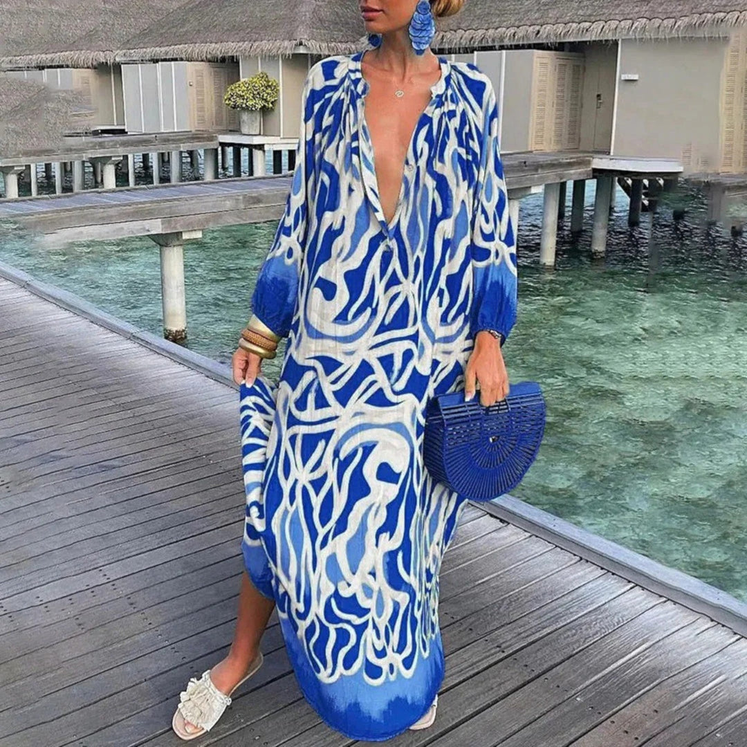 Ginepra Sukienka Oversize Boho – Relaksujący Styl z Dekoltem w Serek na Lato