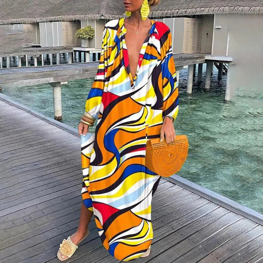 Ginepra Sukienka Oversize Boho – Relaksujący Styl z Dekoltem w Serek na Lato