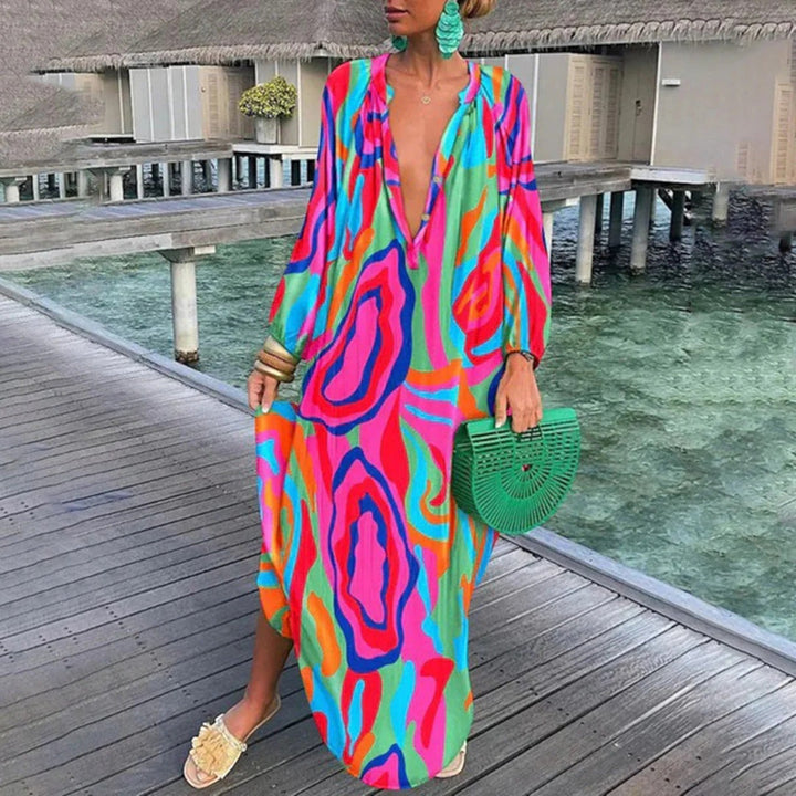 Ginepra Sukienka Oversize Boho – Relaksujący Styl z Dekoltem w Serek na Lato