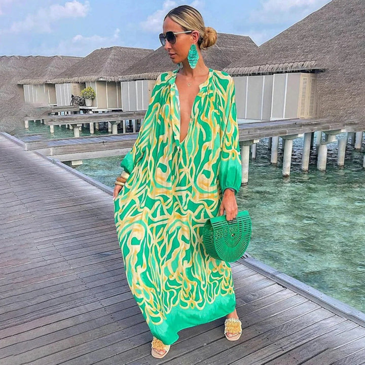 Ginepra Sukienka Oversize Boho – Relaksujący Styl z Dekoltem w Serek na Lato