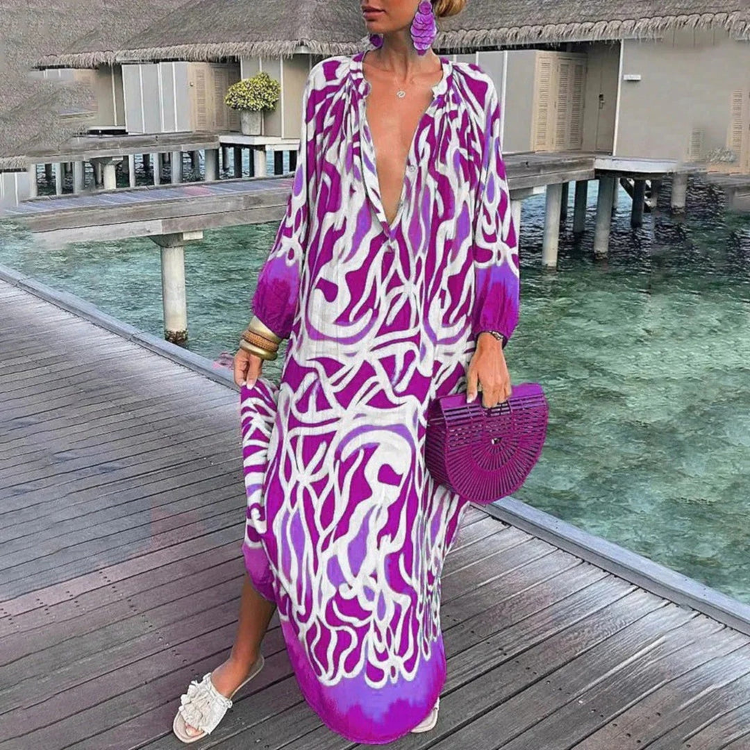 Ginepra Sukienka Oversize Boho – Relaksujący Styl z Dekoltem w Serek na Lato