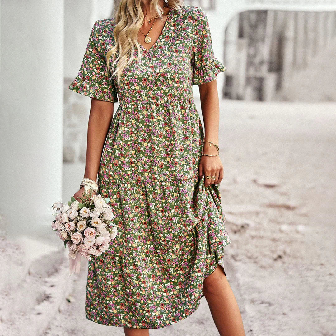 Celia Sukienka Damska Midi – Kwiatowa Sukienka Boho z Lekką Formą i Eleganckim Stylem