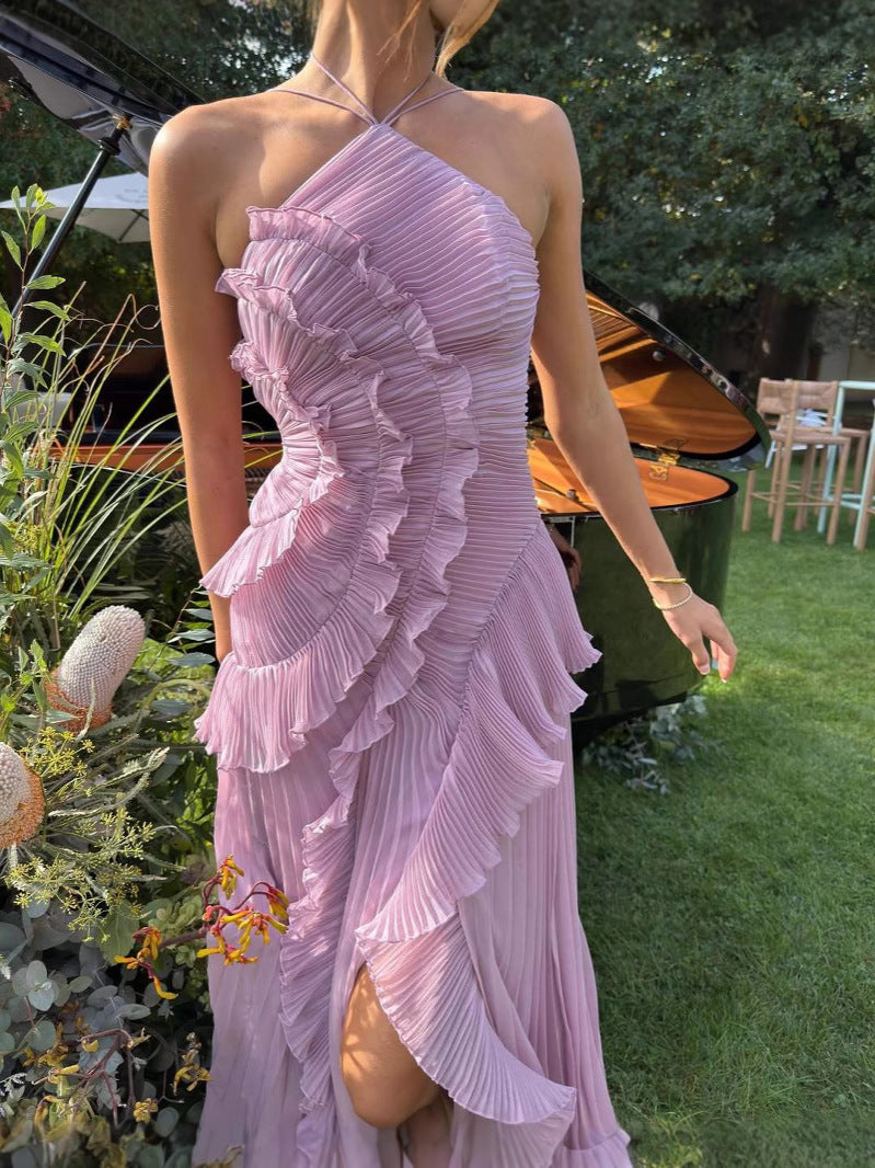 Guendalina Sukienka Długa Plisowana – Elegancja z Dekoltem Halter na Ceremonie i Wydarzenia Specjalne