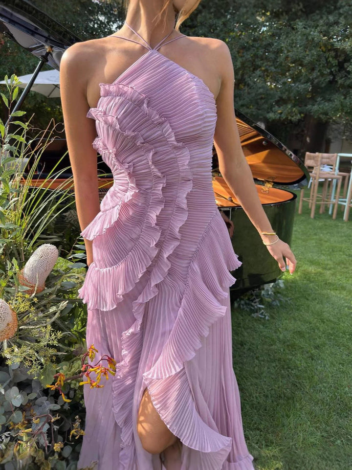 Guendalina Sukienka Długa Plisowana – Elegancja z Dekoltem Halter na Ceremonie i Wydarzenia Specjalne
