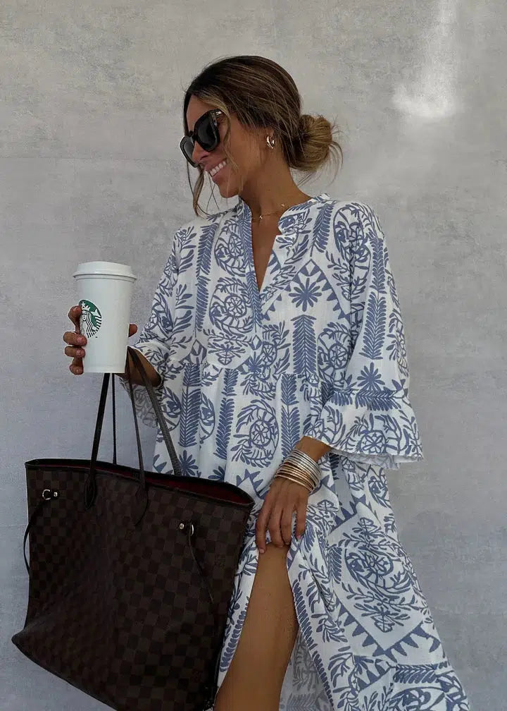 Anastasia Sukienka Maxi Damska – Letnia Sukienka Boho z Dekoltem w Serek i Zwiewnym Kwiatowym Printem