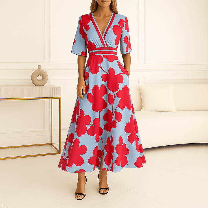 Damska sukienka Belle Maxi - kwiatowa sukienka z dekoltem w szpic, paskiem w talii i rozcięciem dla letniej elegancji
