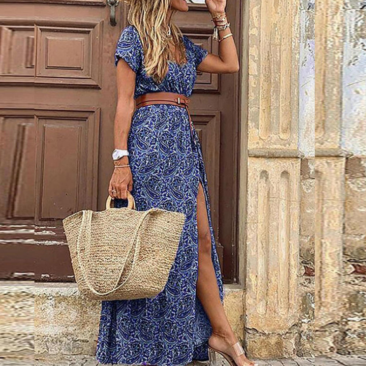 Sukienka Sheena Damska – Długa boho maxi w paisley, z paskiem i krótkimi rękawami