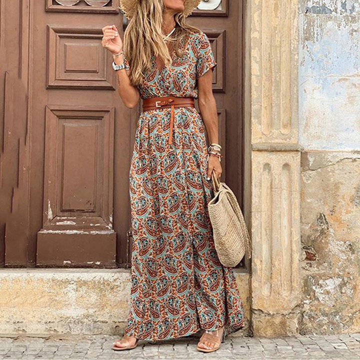 Sukienka Sheena Damska – Długa boho maxi w paisley, z paskiem i krótkimi rękawami