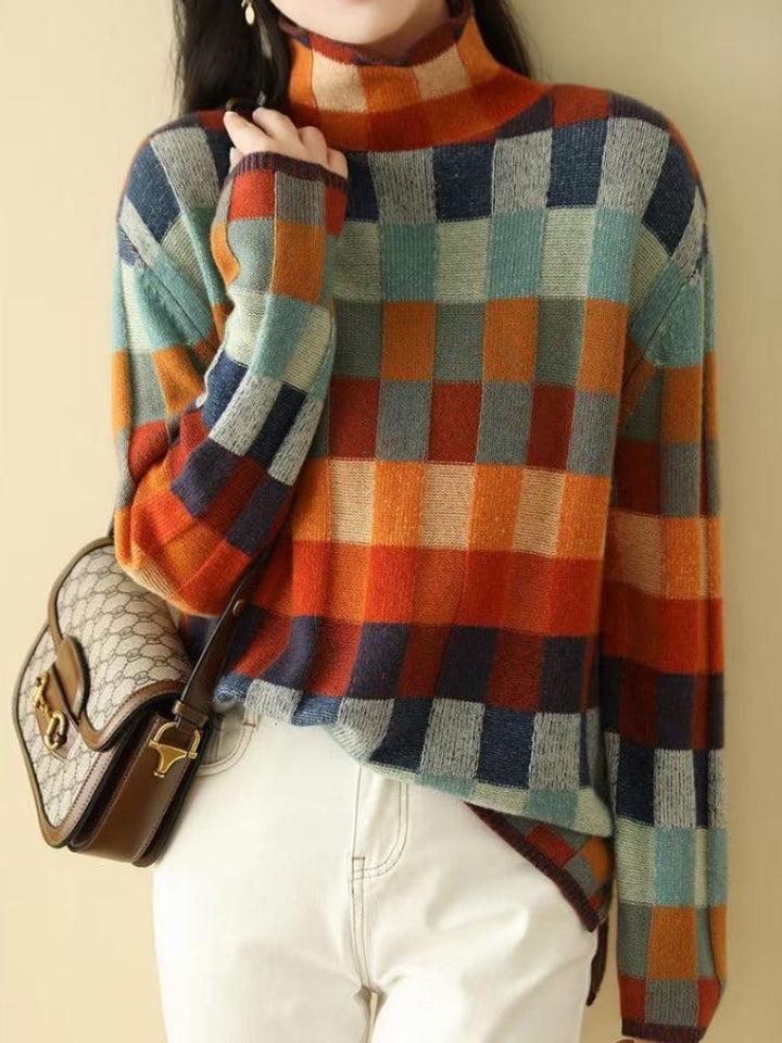 Flori Damski Sweter – Kolorowy Golf z Bawełny o Luźnym Kroju & Miękkim Materiałem