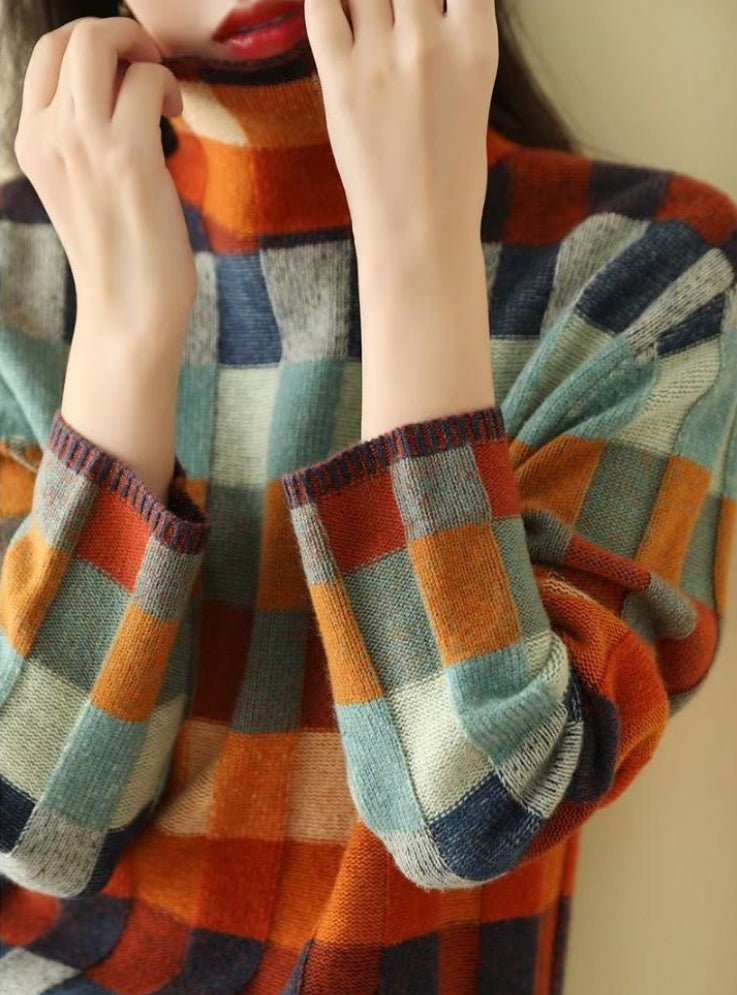 Flori Damski Sweter – Kolorowy Golf z Bawełny o Luźnym Kroju & Miękkim Materiałem