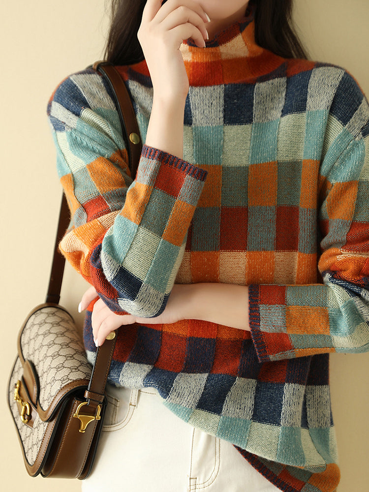 Flori Damski Sweter – Kolorowy Golf z Bawełny o Luźnym Kroju & Miękkim Materiałem