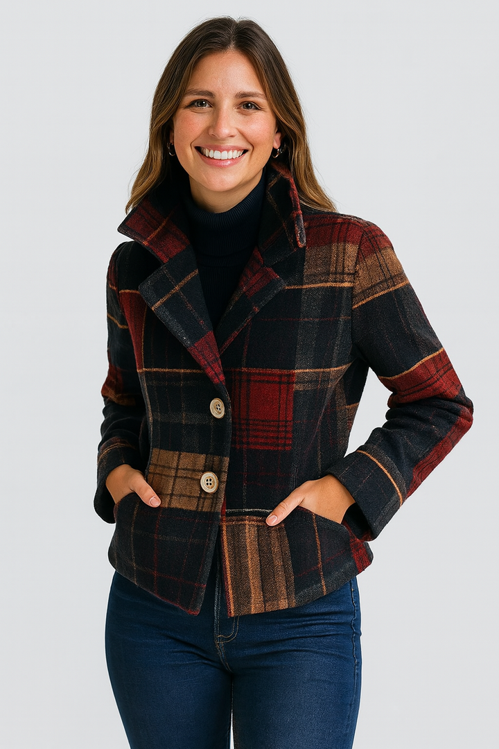 Noelle | Vintage Plaid Jacket z Stojącym Kołnierzem
