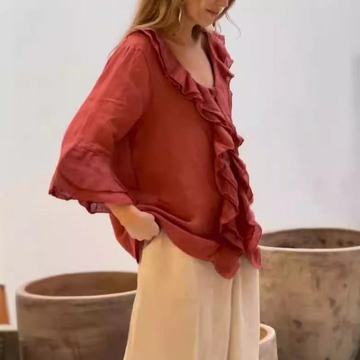 Phoebe Bluzka Damska – Elegancka Bluzka z Falbanami i Rozszerzanymi Rękawami dla Swobodnie Eleganckiego Looku