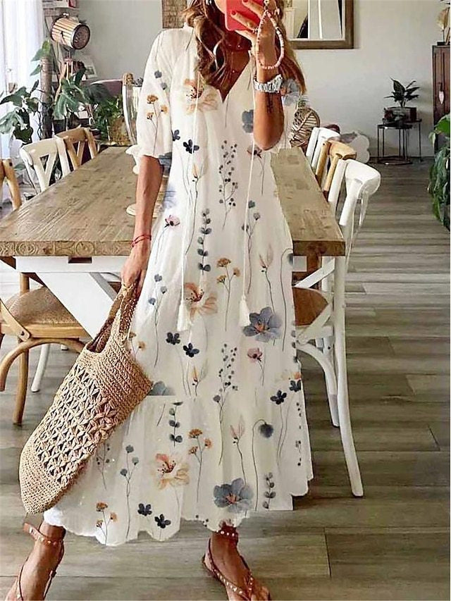 Amelia Sukienka Damska Maxi – Elegancka Sukienka Vintage z Luźnym Krojem i Subtelnymi Detalami