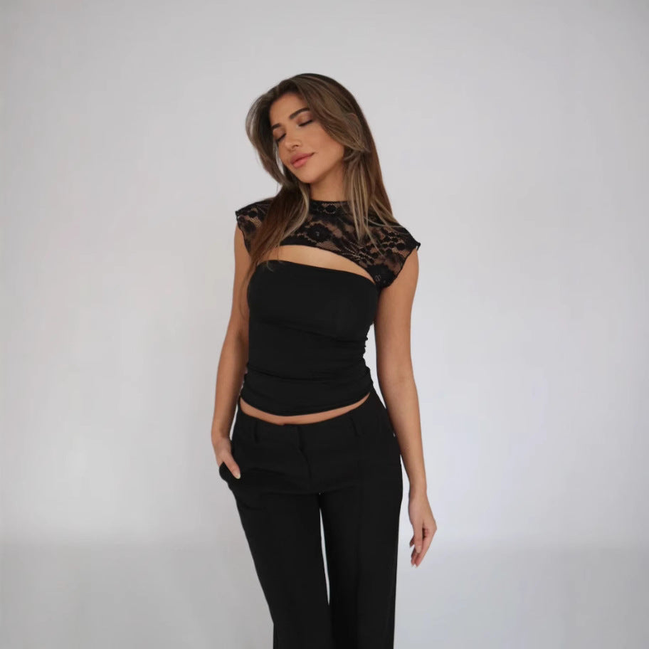 Bluzka Damska Hailey – Dopasowany Top z Koronkowymi Detalami i Krótkim Rękawem na Letni Look