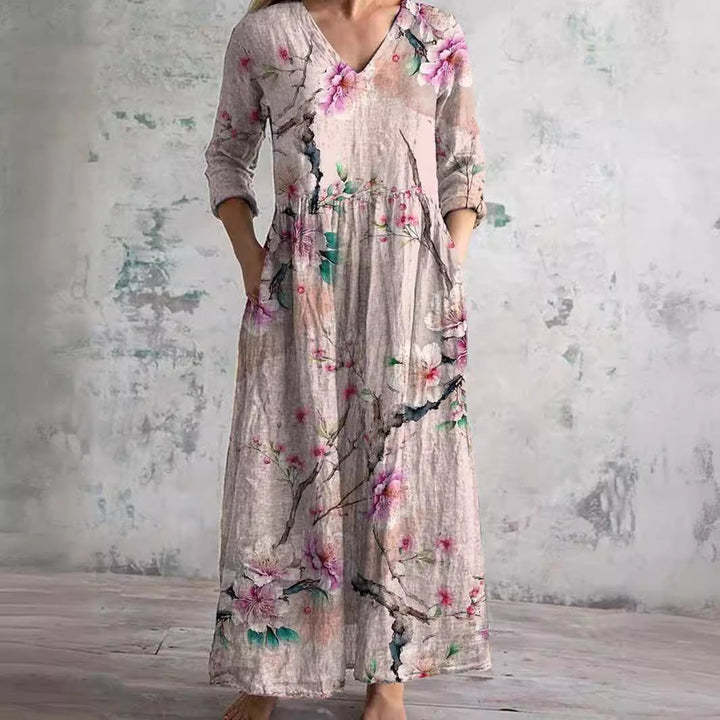 Willa Sukienka Długa Damska – Elegancka Kwiecista Sukienka z Dekoltem w Serek i Rękawami 3/4