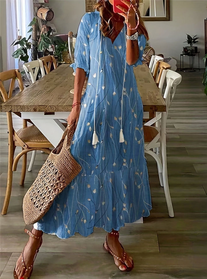 Amelia Sukienka Damska Maxi – Elegancka Sukienka Vintage z Luźnym Krojem i Subtelnymi Detalami