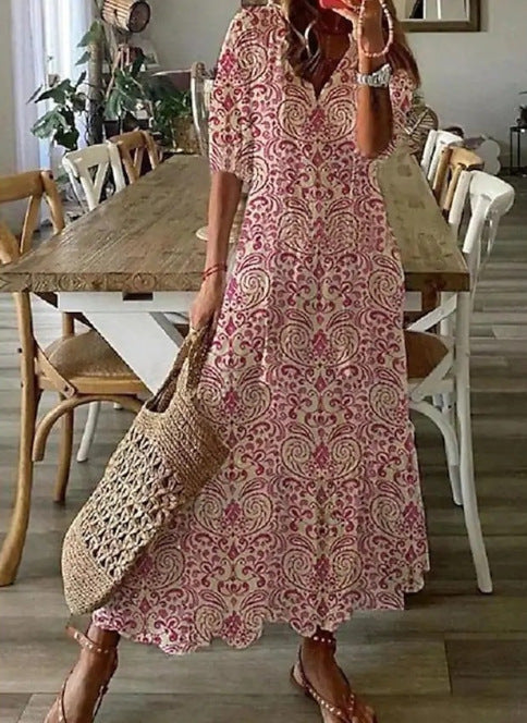Amelia Sukienka Damska Maxi – Elegancka Sukienka Vintage z Luźnym Krojem i Subtelnymi Detalami