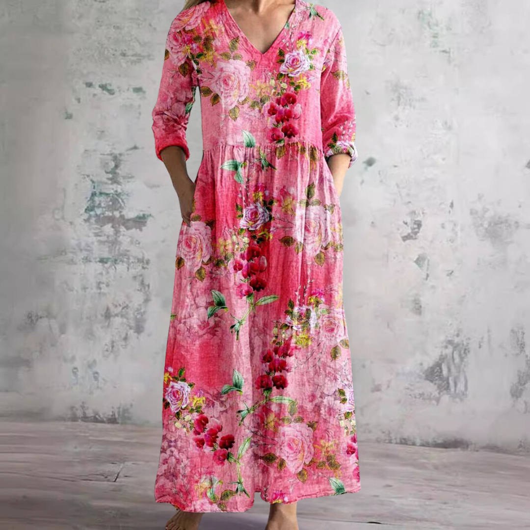 Willa Sukienka Długa Damska – Elegancka Kwiecista Sukienka z Dekoltem w Serek i Rękawami 3/4