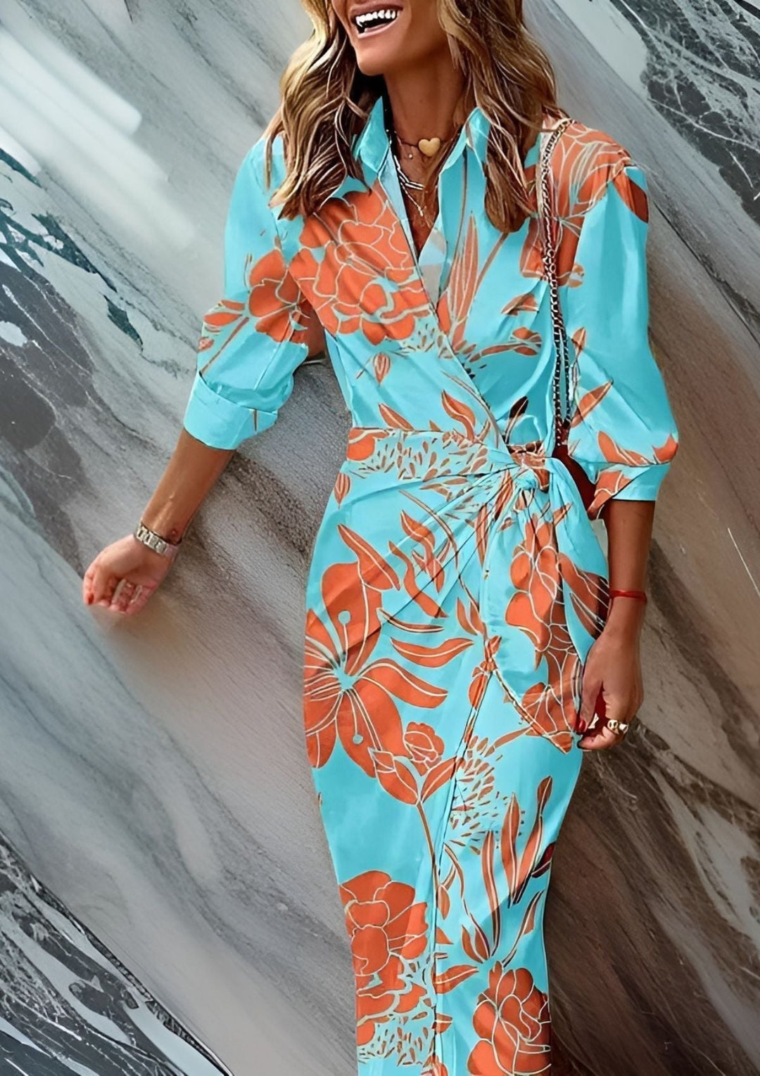 Amalia Sukienka Damska Kopertowa – Elegancka Wzorzysta Sukienka z Kobiecym Krojem i Podkreślającą Sylwetkę Pasformą
