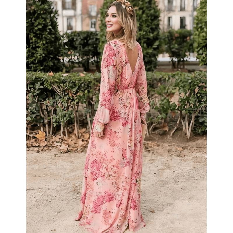 Pia Sukienka Długa Damska – Boho Wzór Kwiatowy, Dekolt w Serek i Eleganckie Długie Rękawy