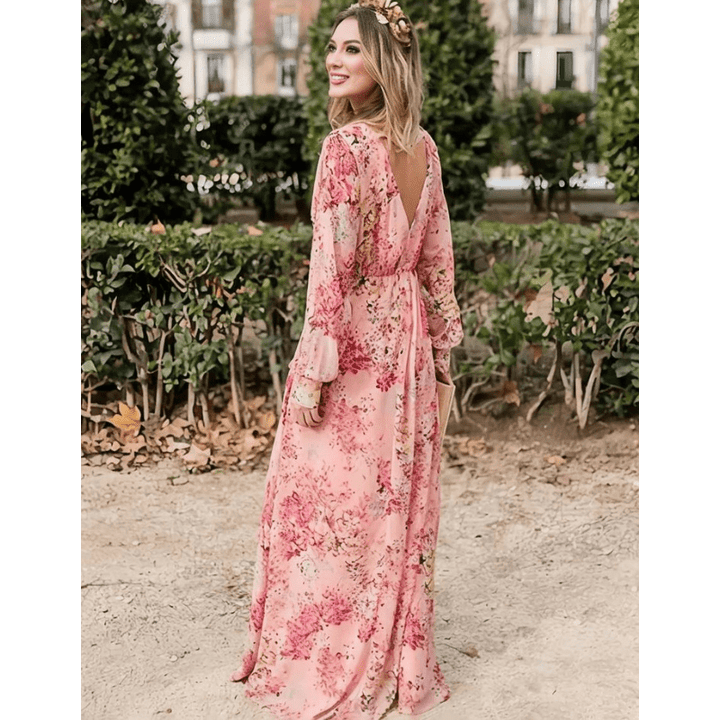 Pia Sukienka Długa Damska – Boho Wzór Kwiatowy, Dekolt w Serek i Eleganckie Długie Rękawy
