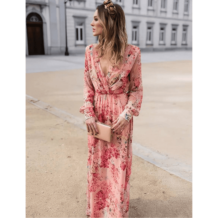 Pia Sukienka Długa Damska – Boho Wzór Kwiatowy, Dekolt w Serek i Eleganckie Długie Rękawy
