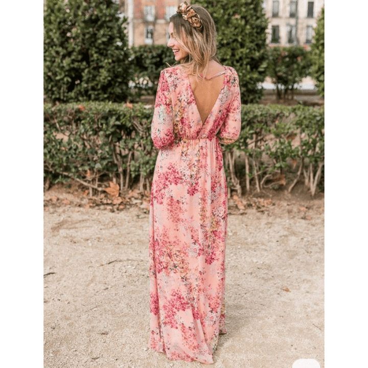 Pia Sukienka Długa Damska – Boho Wzór Kwiatowy, Dekolt w Serek i Eleganckie Długie Rękawy
