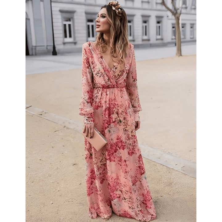 Pia Sukienka Długa Damska – Boho Wzór Kwiatowy, Dekolt w Serek i Eleganckie Długie Rękawy