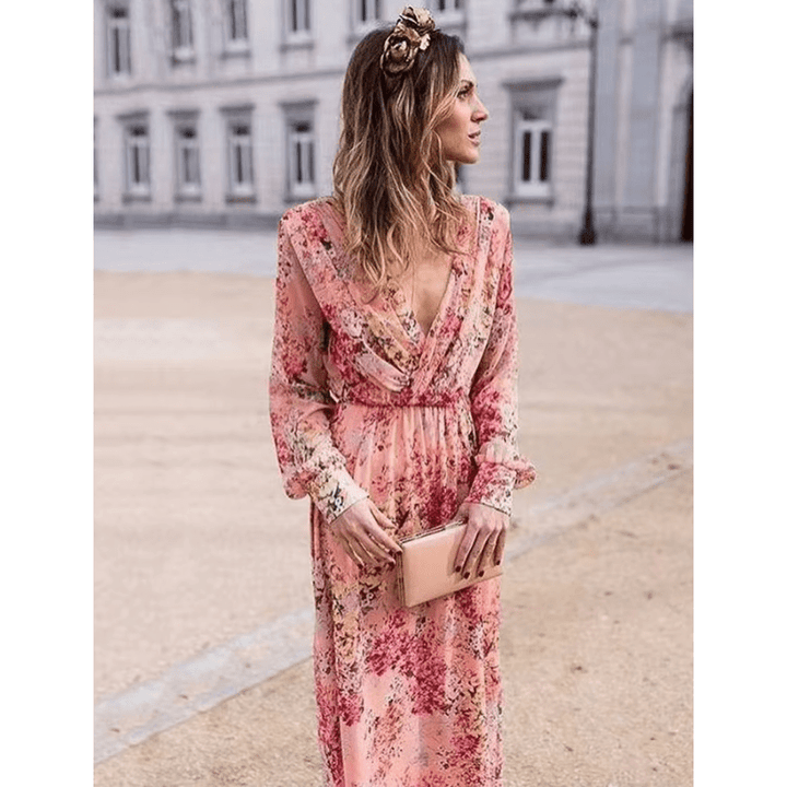Pia Sukienka Długa Damska – Boho Wzór Kwiatowy, Dekolt w Serek i Eleganckie Długie Rękawy
