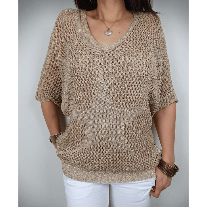 Prisca Damski Top – Wyrafinowana Dzianina na Szydełku, Rękawy ¾ i Lekki Styl Boho