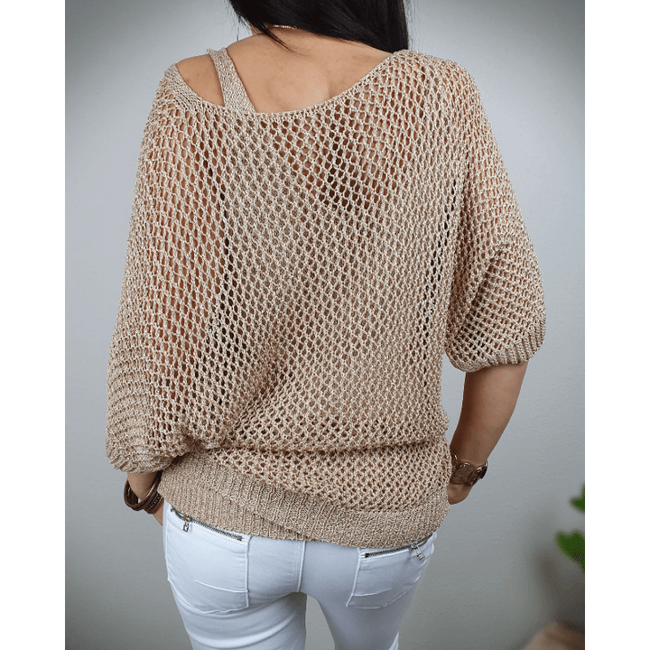 Prisca Damski Top – Wyrafinowana Dzianina na Szydełku, Rękawy ¾ i Lekki Styl Boho