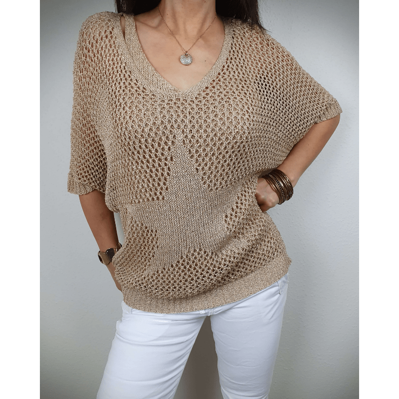 Prisca Damski Top – Wyrafinowana Dzianina na Szydełku, Rękawy ¾ i Lekki Styl Boho