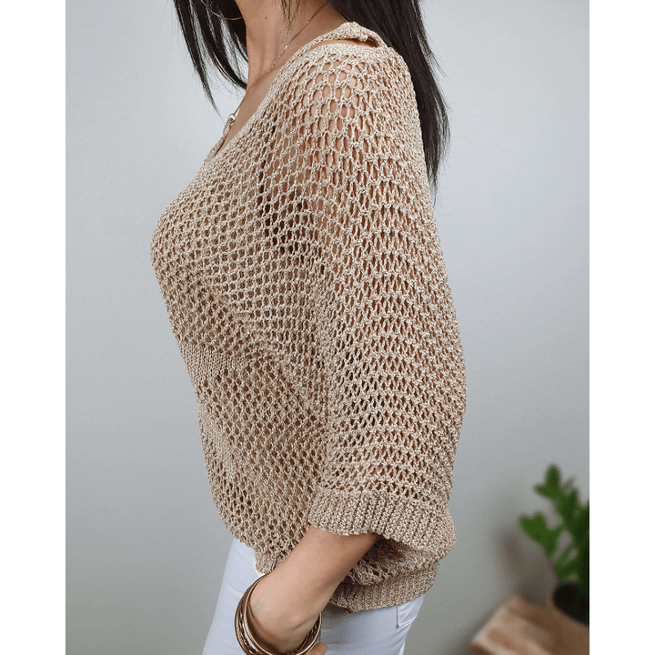 Prisca Damski Top – Wyrafinowana Dzianina na Szydełku, Rękawy ¾ i Lekki Styl Boho