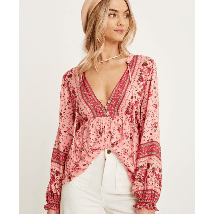Rafaela Damska Tunika Looksy – Boho Wzór Kwiatowy, Zapinany na Guziki Dekolt w Serek i Zwiewny Krój